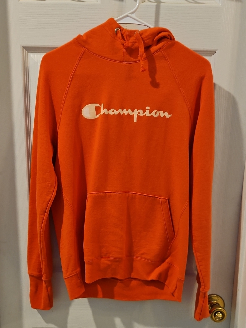 Champion Orange Pullover Hoodie with White Script
